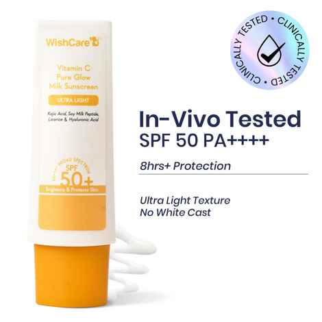 Buy WishCare Vitamin C Pure Glow Face Sunscreen SPF 50 PA++++ -Broad Spectum Ultra Light & No White Cast - Purplle