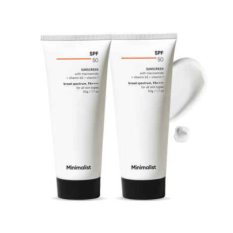 Minimalist SPF 50 Sunscreen with niacinamide + vitamin b5 + vitamin f broad spectrum PA++++ for all skin types 50g Pack Of 2