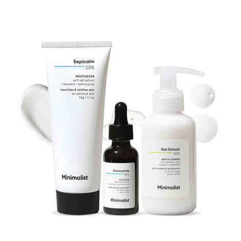 Buy Minimalist Sensitive Skincare Kit (Oat Extract Gentle Cleanser 120 ml+ 5% Niacinamide Face Serum 30 ml+ 3% Sepicalm Moisturizer 50 ml) - Purplle