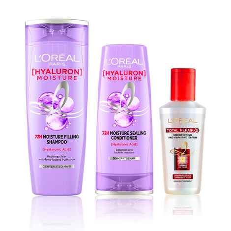Buy L'Oreal Paris Everyday Hydration and Rejuvenation Hair Care Essentials 2 (Hyaluron Moisture 72H Moisture Shampoo (340ml), Hyaluron Moisture 72H Moisture Conditioner (180ml), Total Repair 5 Serum (80 ml)) - Purplle