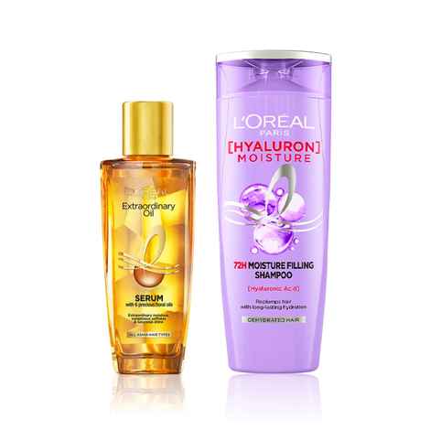 Buy L'Oreal Paris Ultimate Hair Moisture and Shine Duo 2 (Hyaluron Moisture 72H Moisture Shampoo (340 ml), Extraordinary Oil Serum (30 ml)) - Purplle