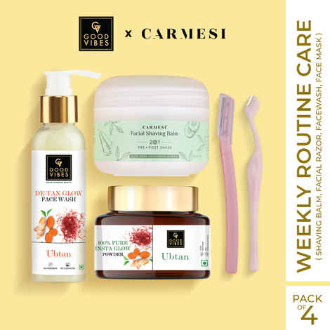 Buy Good Vibes Weekly Routine with Good Vibes x Carmesi (Shaving Balm, Facial razor, Facewash(120 ml), Face mask(150 gm)) - Purplle