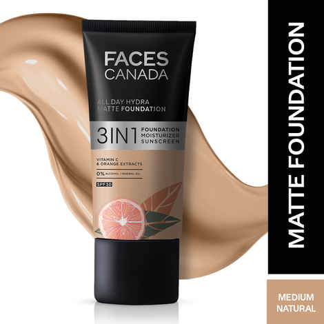 Buy FACES CANADA All Day Hydra Matte Foundation | 3-in-1 Foundation + Moisturizer + SPF30 | 10HR Long Wear | Buildable Coverage | Medium Natural, 25 ml - Purplle