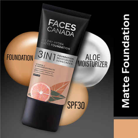 Buy Faces Canada All Day Hydra Matte Foundation I 3 in 1 Matte Foundation + Moisturizer +SPF 30I 24 HR Aloe Hydration & Vitamin C | Warm Natural 021 25 ml - Purplle