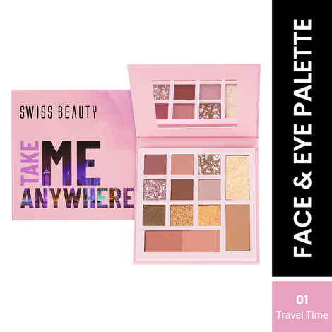 Swiss Beauty Take Me Anywhere Face and Eye Palette | 9 Eyeshadow shades , 2 blushers , 1Contour , 1 Highlighter | Highly pigmented , Blendable Mattes and Metallic shades 1-Travel Time (12 gm)