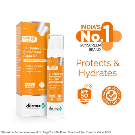 The Derma Co.1% HyaluronicA Sunscreen Aqua GelA with SPF 50 PA++++ For Broad Spectrum, UV A, UV B & Blue Light Protection - 50 gm