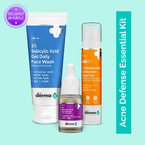 The Derma Co. Acne Defense Trio Kit: 1% Salicylic Acid Gel Facewash (100 ml) + 2% Salicylic Acid Serum (8 ml) + 1% Hyaluronic Sunscreen (50 gm)