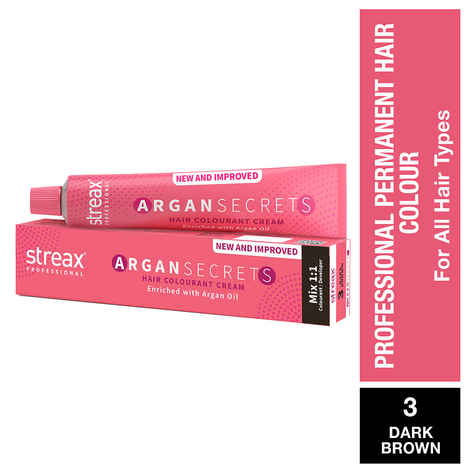 Streax Professional Argan Secrets Permanent Hair Colourant Cream - Dark Brown 3 ( Enriched with Argan Oil) For All Hair Types, 90 gm