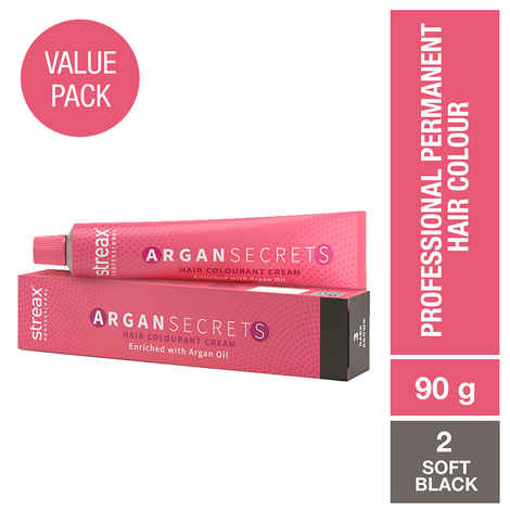 Buy Streax Professional Argan Secrets Permanent Hair Colourant Cream - Soft Black 2 ( Enriched with Argan Oil) For All Hair Types, 90 gm - Purplle