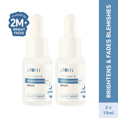 Plum Rice Water & 10% Niacinamide Brightening Serum Duo | Dermat-Tested | with Rice Ferment Extracts | Brightens Skin | Fades Blemishes | Lightweight & Quick-absorbing | Suits All Skin Types | Pack of 2