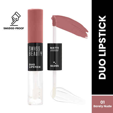 Buy Swiss Beauty Duo Lipstick Matte Finish & Smudge-Proof Liquid Lipstick with Transparent Lip-gloss | Transfer -Proof and Long lasting 1-Barely Nude - 10 ml - Purplle