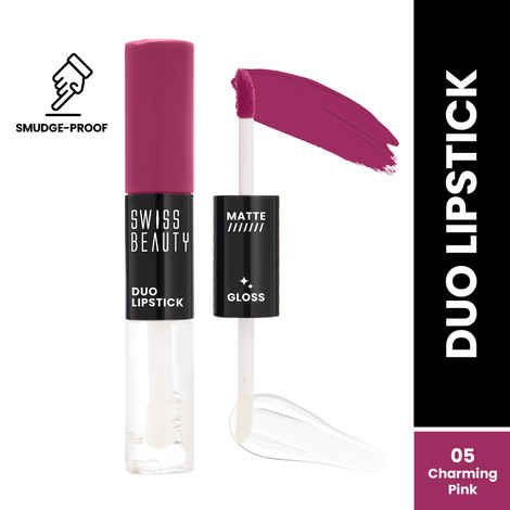 Buy Swiss Beauty Duo Lipstick Matte Finish & Smudge-Proof Liquid Lipstick with Transparent Lip-gloss | Transfer -Proof and Long lasting 5- Charming Pink - 10 ml - Purplle