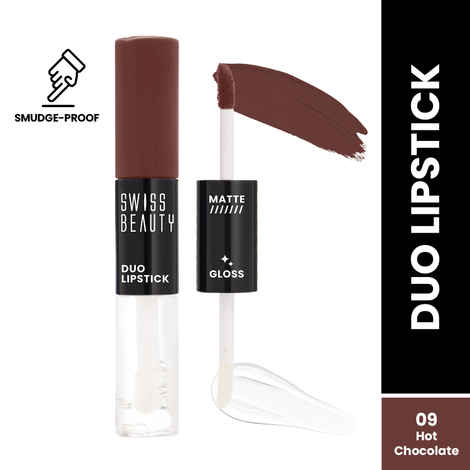 Buy Swiss Beauty Duo Lipstick Matte Finish & Smudge-Proof Liquid Lipstick with Transparent Lip-gloss | Transfer -Proof and Long lasting 9- Hot Chocolate - 10 ml - Purplle