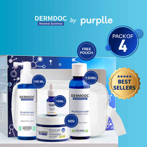 Buy DERMDOC Signature Skincare Kit | 10% Niacinamide Serum (15 ml) | 5% Glycolic Acid Underarm Brightening Spray (100 ml) | 2% Kojic Acid Night Cream (50 gm) | 2% Salicylic Acid Face Wash (120 ml) | Value Pack - Purplle