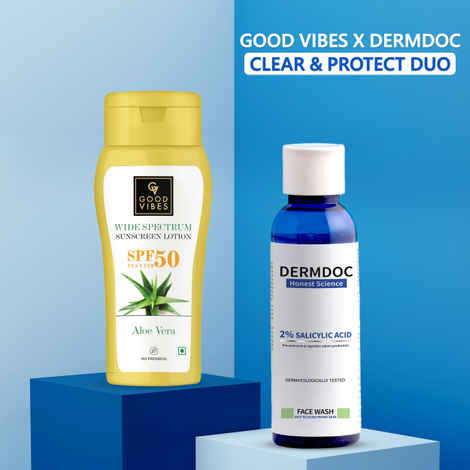 Buy Good Vibes x DERMDOC Cleanse & Sun-Protect Duo | 2% Salicylic Acid Face Wash (120 ml) + Aloe Vera Wide Spectrum Sunscreen Lotion SPF 50 (120ml) - Purplle