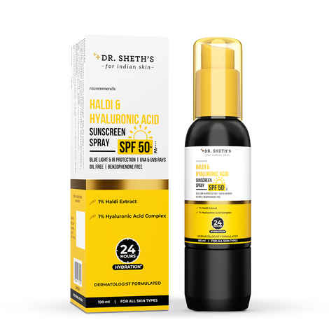 Buy Dr. Sheth's Haldi & Hyaluronic Acid Sunscreen Spray 100 ml | SPF 50+ PA++++ | Lightweight I Non-Greasy I Easy To Apply | 24 hours Hydration I Non Comedogenic IFor Men & Women | Benzophenone Free | Mess-Free Application - Purplle