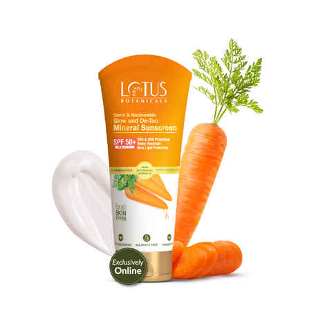 Lotus Botanicals Carrot & Niacinamide Glow and De-Tan Mineral Sunscreen, SPF 50+ - 50 gm