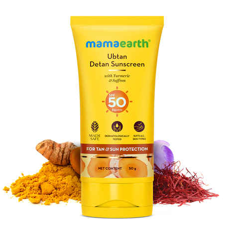 Mamaearth Ubtan Detan Sunscreen With Turmeric & Saffron - 50 gm | SPF 50 & PA++++ For UVA/B Protection | Removes Tan | Brightens Skin | Non-Greasy & Lightweight | No White Cast | For All Skin Types