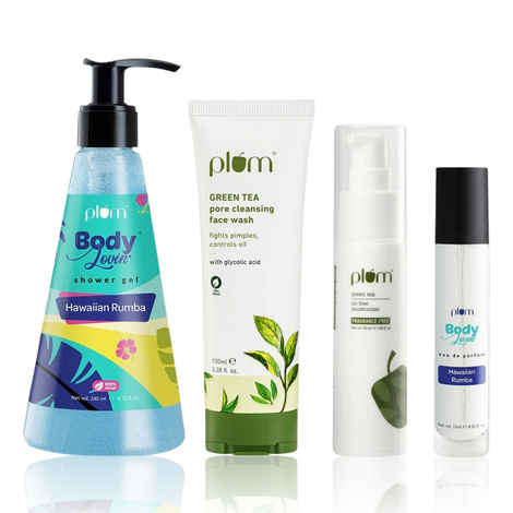 Buy Plum Everyday Face & Body Essentials Kit : Green Tea Face Wash (100 ml) + Green Tea Moisturizer (50ml) +Hawaiian Rumba Shower Gel (240 ml) + Hawaiian Rumba Eau De Parfum (15ml) - Purplle