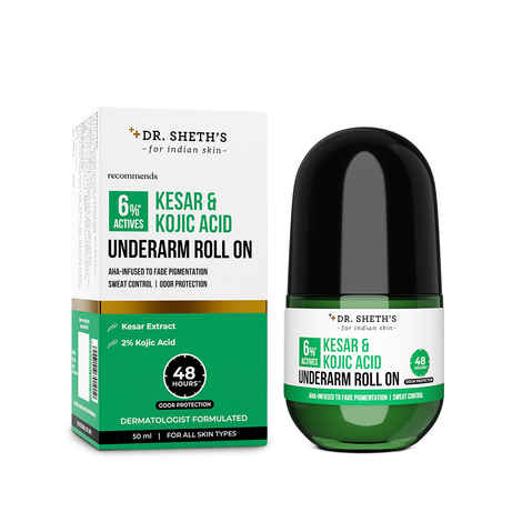 Buy Dr. Sheth's Kesar & Kojic Acid Underarm Roll On - 50 ml | AHA-Infused Roll On To Control Odor & Sweat & Fade Pigmentation | With 6%* Actives - Purplle
