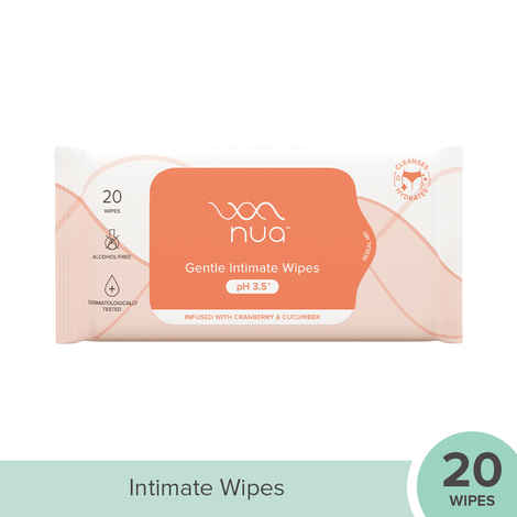 Nua Gentle Intimate Wipes | Infused with Cranberry, Cucumber and Aloe | Alcohol and Artificial-Fragrance Free | 100% Biodegradable