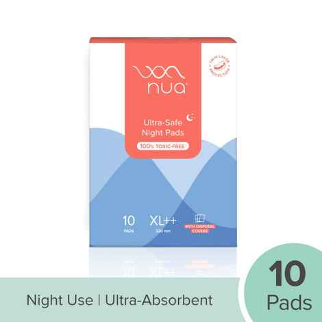 Nua Ultra-Safe Night Pads | Twin Layer Protection | Ultra-Absorbent | 50% Wider Back | Safe on Skin | Safe Disposal (190.6 gm)