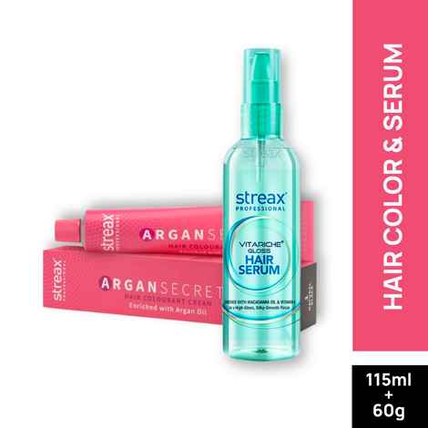 Streax Professional Vitariche Gloss Hair Serum + Argan Secret Hair Colourant Cream - Natural Black 1 (115 ml + 60 g )