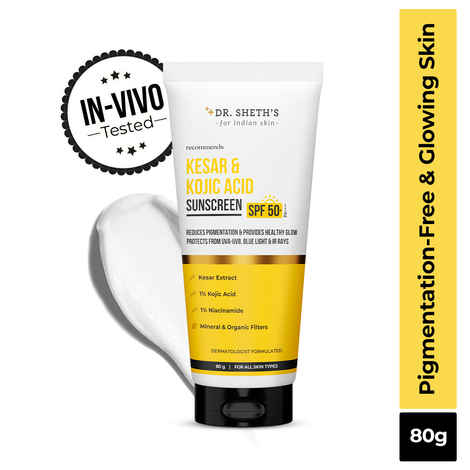 Buy Dr. Sheth's Kesar & Kojic Acid Sunscreen SPF 50+ Pa++++ |In-Vivo Tested | For Pigmentation-Free Skin | Lightweight & Non Greasy | For UVA/UVB & Blue Light & IR Protection | No White Cast | For All Skin Types | For Men & Women | 80 gm - Purplle