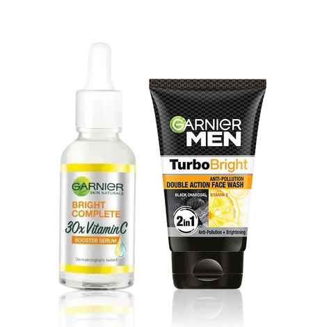 Buy Garnier Men Ultimate Brightening Duo- Anti-Pollution Double Action Facewash, 100g + Vitamin C Booster Face Serum (2% Niacinamide + 0.5% Salicylic Acid) 15 ml - Purplle