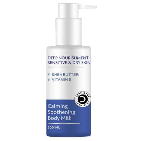Buy Dermistry Calming Soothing Body Milk Lotion Sensitive & Dry Skin Deep Nourishment Moisturizer Shea Butter, Vitamin E Non-Greasy, Repairs Smoothens Men Women (200 ml) - Purplle