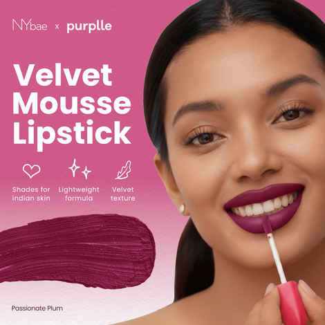 NY Bae Velvet Mousse Liquid Lipstick - Passionate Plum 03 (6.5 ml) | Velvet Matte Finish | Transferproof | Smudgeproof | Ultra Light | Smooth | Moisturising Purple Lipstick