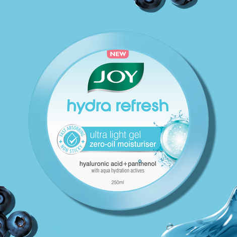Joy Hydra Refresh Ultra-Light Gel | 48 Hours Hydration | Oil Free Moisturiser | with Hyaluronic Acid | Super Light Gel for Oily, Dry & Combination Skin | For Face & Body, 250 ml