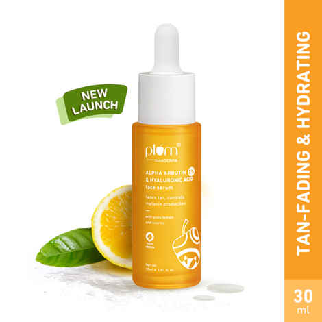 Plum thinkDERMA 2% Alpha Arbutin & Hyaluronic Acid Face Serum | Fades Tan | Brightens Skin | Controls Melanin Production | with Yuzu Lemon & Licorice | Fragrance-Free | 100% Vegan | 30 ml