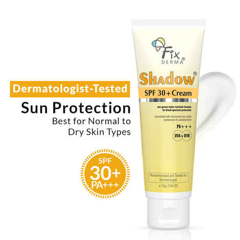 Fixderma Shadow Sunscreen SPF 30+ Cream | Sunscreen for Dry Skin | Sun Screen Protector SPF 30 | Sunscreen for Body & Face | Broad Spectrum Sunscreen for UVA & UVB Protection | Sunscreen for Women & Men | Non Greasy & Water Resistant - 75 gm