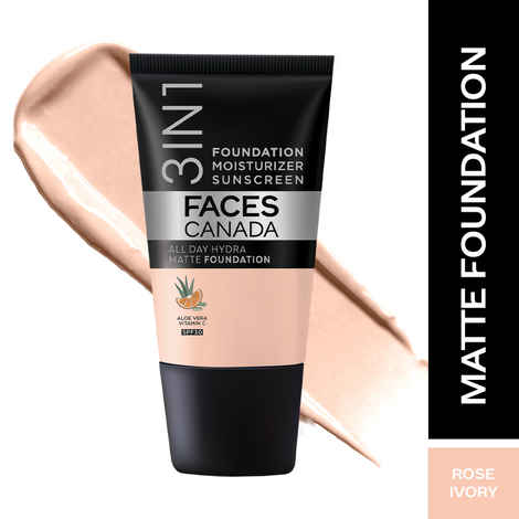 Buy FACES CANADA All Day Hydra Matte Foundation - Mini | 3-in-1 Foundation + Moisturizer + SPF 30 | 24 HR Aloe Hydration & Vitamin C | 10HR Long Wear | Medium to High Buildable Coverage | Rose Ivory | 18 ml - Purplle