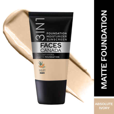 Buy FACES CANADA All Day Hydra Matte Foundation - Mini | 3-in-1 Foundation + Moisturizer + SPF 30 | 24 HR Aloe Hydration & Vitamin C | 10HR Long Wear | Medium to High Buildable Coverage | Absolute Ivory | 18 ml - Purplle