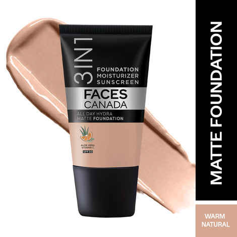 Buy FACES CANADA All Day Hydra Matte Foundation - Mini | 3-in-1 Foundation + Moisturizer + SPF 30 | 24 HR Aloe Hydration & Vitamin C | 10HR Long Wear | Medium to High Buildable Coverage | Warm Natural | 18 ml - Purplle