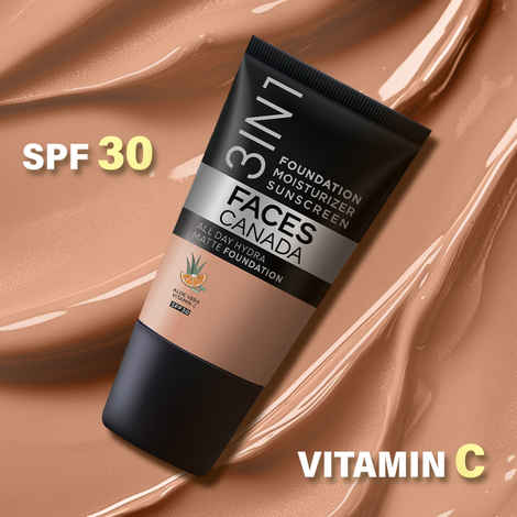 FACES CANADA All Day Hydra Matte Foundation - Mini | 3-in-1 Foundation + Moisturizer + SPF 30 | 24 HR Aloe Hydration & Vitamin C | 10HR Long Wear | Medium to High Buildable Coverage | Caramel Natural | 18 ml