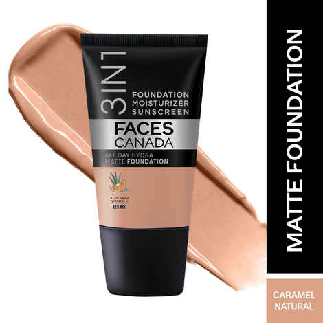 Buy FACES CANADA All Day Hydra Matte Foundation - Mini | 3-in-1 Foundation + Moisturizer + SPF 30 | 24 HR Aloe Hydration & Vitamin C | 10HR Long Wear | Medium to High Buildable Coverage | Caramel Natural | 18 ml - Purplle
