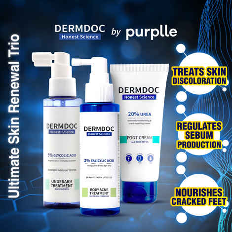 Buy DERMDOC by Purplle Ultimate Skin Renewal Trio with 5% Glycolic Acid Under Arm Treatment (100 ml) | 2% Salicylic Acid Body Acne Treatment (100 ml) | 20% Urea Foot Cream (100 gm) - Purplle