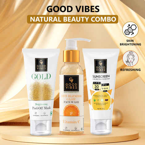 Buy Good Vibes Natural Beauty Combo | Anti Blemish Vitamin C Face Wash (120 ml) | Wide Spectrum Protection Sunscreen with SPF 50 (50 gm) | Gold Peel Off Mask (50 gm) | Radiant Skin | Gold Glow | Sun protection - Purplle