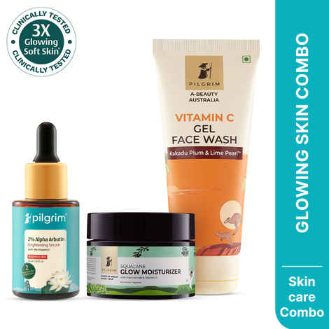 Pilgrim Glowing Skin CSM Combo : Vitamin C Face Wash (100 ml) + Alpha Arbutin & Vitamin C BrighteningA Serum (30ml) + Squalane Glow Moisturizer (50gm)