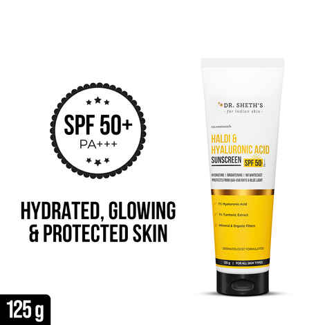 Buy Dr. Sheth's Haldi & Hyaluronic Acid Sunscreen with 1% Hyaluronic Acid & 1% Turmeric Extract | Spf 50+ | PA++++ | Hydrating & Brightening | Protects against UVA/UVB & Blue light | For Women & Men -125 gm - Purplle