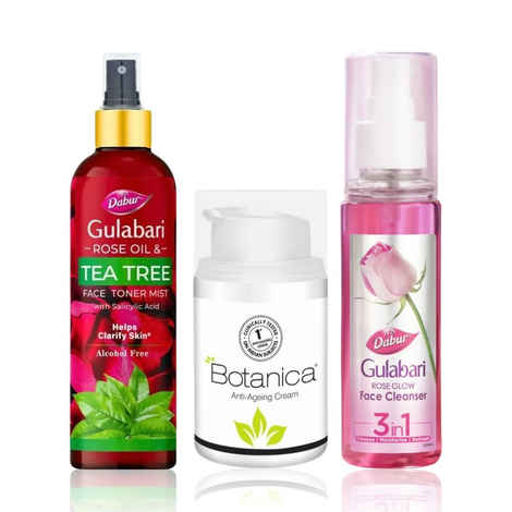 Buy Dabur Gulabri Rose Glow Face Cleanser + Rose Oil & Tea Tree Face Toner Mist with Salicylic Acid + Dabur Botanica Anti-ageing Cream For Anti Aging and Acne Prone Skin (100 ml + 100 ml + 50 gm) - Purplle