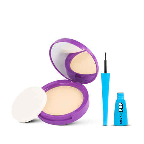 SUGAR POP Makeup Essentials - Longwear Compact 01 Sand - 9 gms & Matte Eyeliner 01 Black - 4.5 ml x 2 - Set of 2