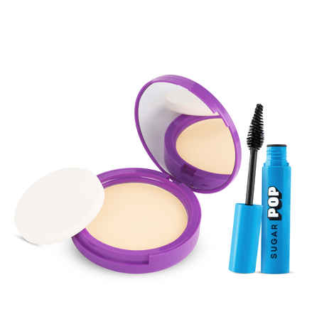 SUGAR POP Makeup Essentials - Longwer Compact 04 Pearl - 9 gms & Volumizing Mascara - 9 ml x 2 - Set of 2