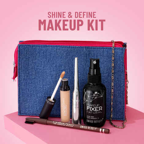 Swiss Beauty Shine and Define Makeup Kit | Eyebrow Pencil (Dark Brown), Eyeliner (Black), Concealer (Sand Sable), Makeup Fixer 70 ml, Denim Pouch