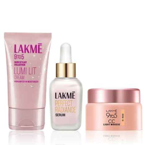 Buy Lakme Lumi Cream - Face cream with Moisturizer + Highlighter, enriched with Niacinamide & Hyaluronic Acid - Dewy Rose, 30g + Perfect Radiance Serum 15 ml + 9 to 5 CC Mousse Beige 25 gm - Purplle