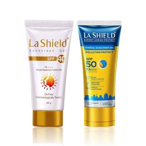 Buy La Shield Sunscreen Combo (La Shield SPF 40 & PA+++ Sunscreen Gel (50 gm) +La Shield Pollution Protect Mineral Sunscreen Gel SPF 50) - Purplle