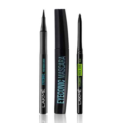 Buy Lakme Eyeconic Combo ( Lakme Eyeconic Pro Brush Liner, Black, 1.2 ml + Lakme Eyeconic Curling Mascara - Black (9 ml) + Lakme Eyeconic Insta Cool Kajal, Deep Black, 0.35 gm) - Purplle
